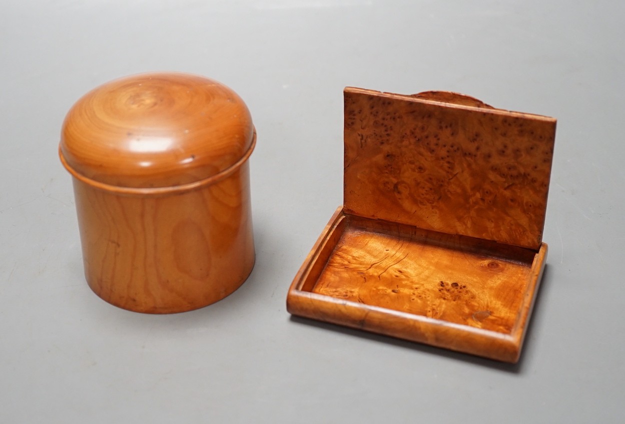 A burr walnut snuff box and another treen box, 8.5cm tall